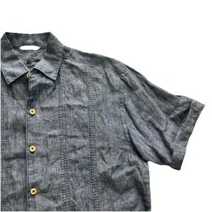 Tommy Bahama Shirt Mens Medium Blue Linen Button Up Short Sleeve Summer Beach
